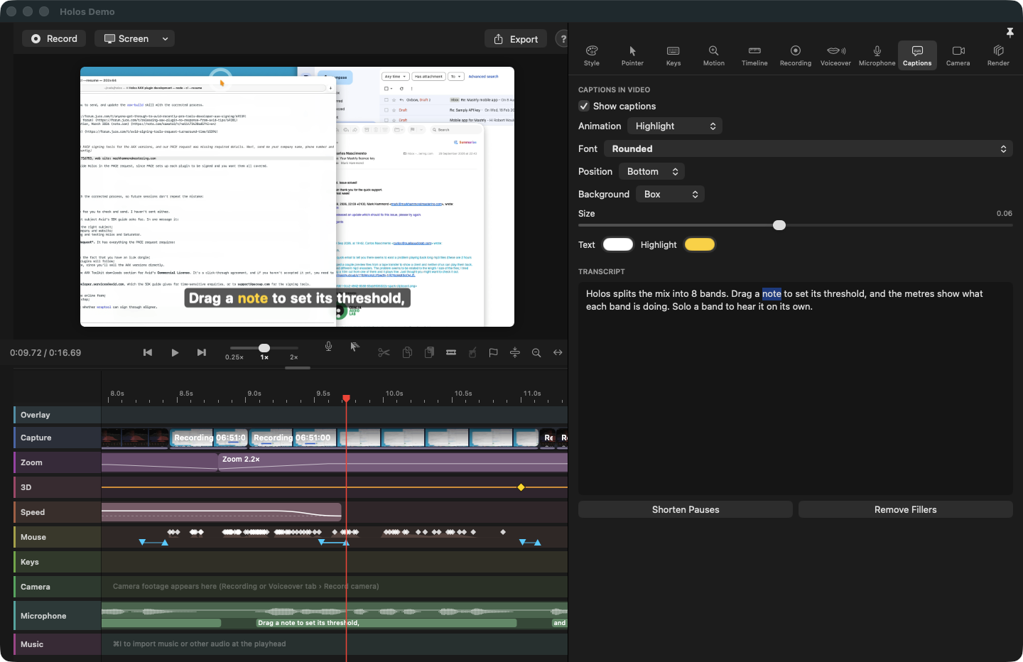 The Captions inspector. The preview shows a caption at the bottom of the video with one word highlighted in yellow; the inspector shows the animation, font, position, background and size settings above the transcript, with Shorten Pauses and Remove Fillers buttons.