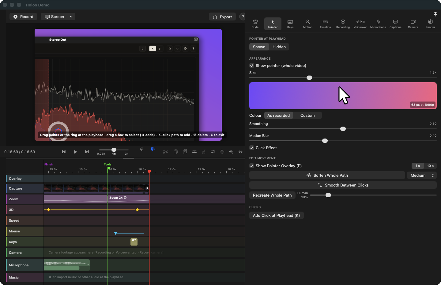 The Pointer inspector. The recorded pointer path is drawn over the preview as a line of editable points; the inspector shows pointer size, colour, smoothing, motion blur and click effect, and the buttons that soften, smooth or recreate the path.