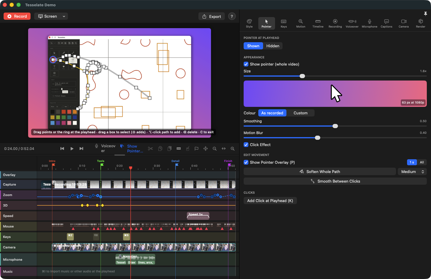 The Pointer inspector. The recorded pointer path is drawn over the preview as a line of editable points; the inspector shows pointer size, colour, smoothing, motion blur and click effect settings.