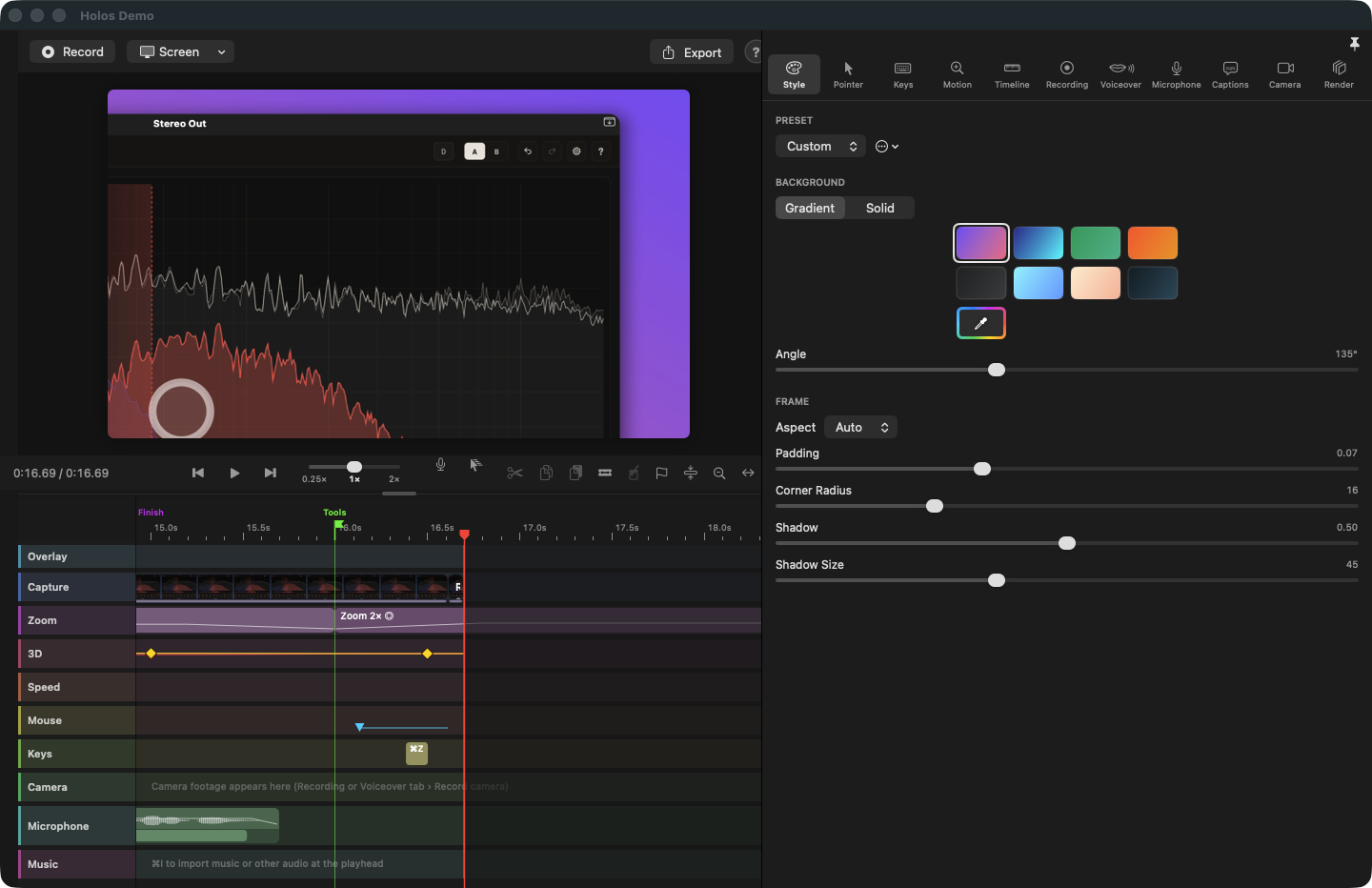The Retake Pro editor. The preview shows a recorded window on a violet gradient background; the inspector on the right shows the Style settings; the timeline below has lanes for overlays, capture, zoom, 3D, speed, mouse, keys, camera, microphone and music, with a zoom block on the Zoom lane and two named markers.