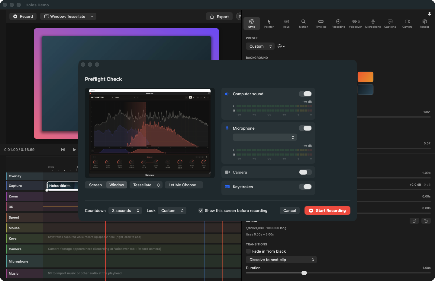 The Preflight Check window over the editor. It shows a live preview of the window to be recorded, switches and level meters for computer sound and the microphone, switches for the camera and keystrokes, and the Start Recording button.