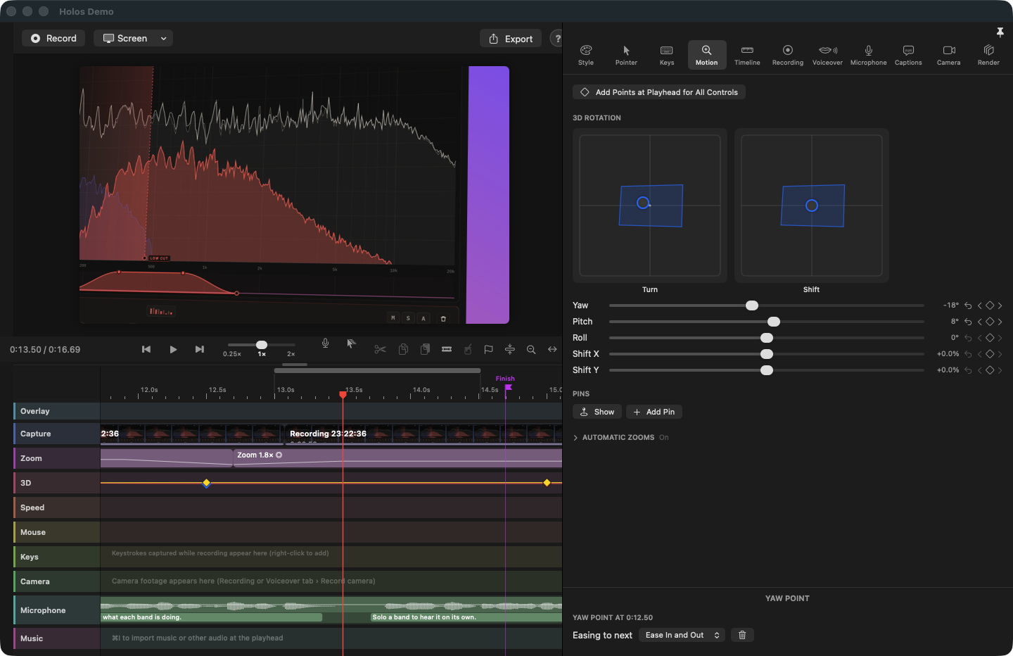 The Motion inspector. The preview shows the recording zoomed and turned in 3D; the Zoom lane below carries a block reading Zoom 1.8×, and the inspector shows the Turn and Shift pads, sliders for yaw, pitch, roll and shift, the pins, and the automatic zoom settings.